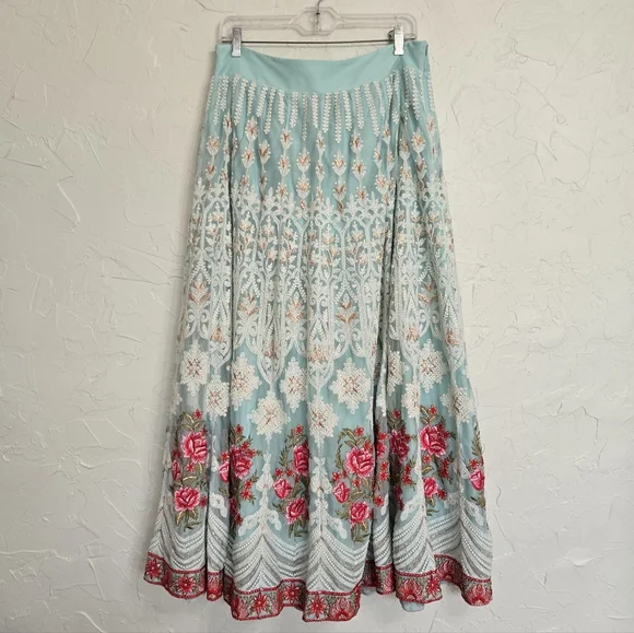 Soft Surroundings Intricate Embroidered Boho Floral Blue Red Analisa Skirt, M - Picture 3 of 14